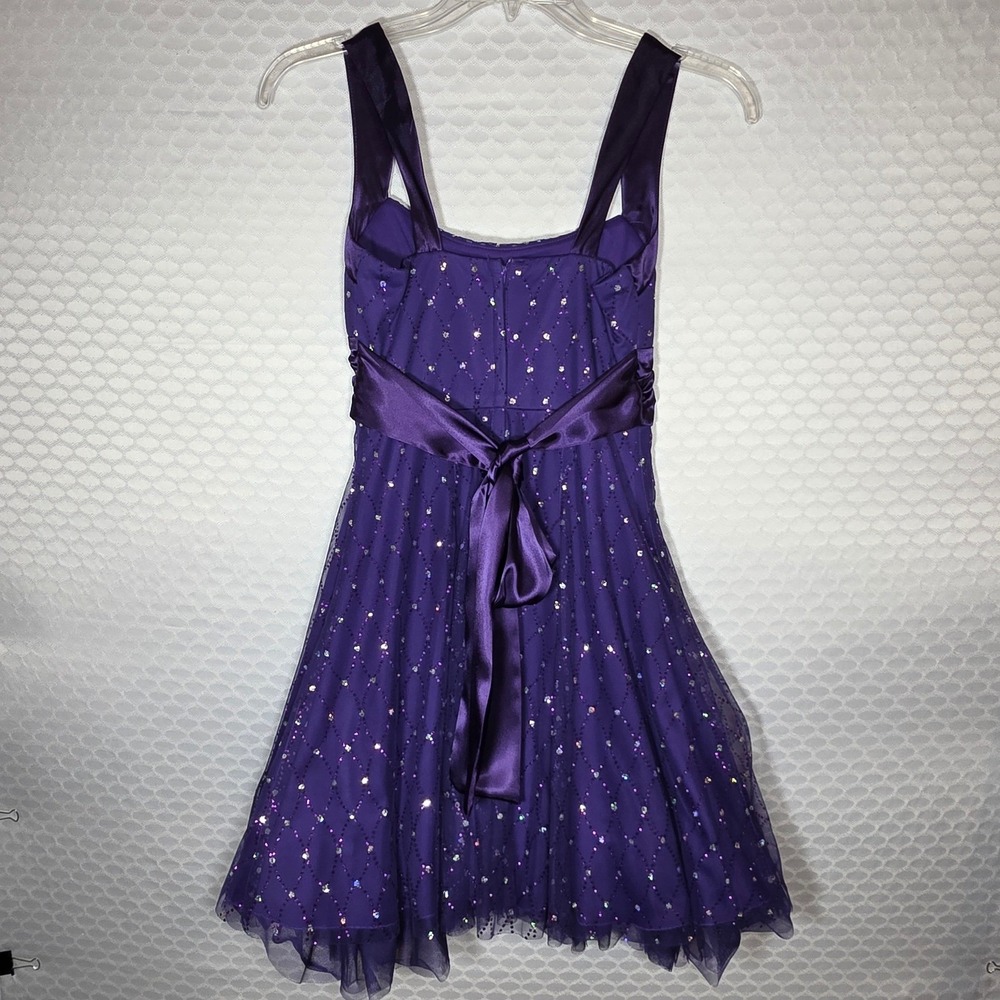 B. Darlin Purple Sequin Mesh Cocktail Dress Party Bow Size 7/8 Homecoming - Picture 3 of 11